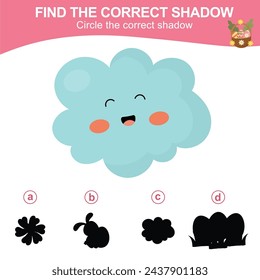 Find the correct shadow. Worksheet for kid. Matching shadow game for children. Circle the correct shadow. Printable activity page for kids. Learning Game. Vector file. 