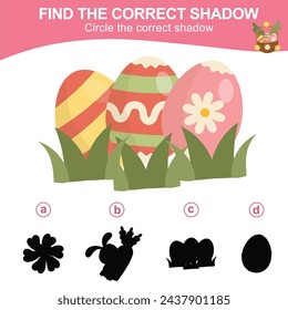 Find the correct shadow. Worksheet for kid. Matching shadow game for children. Circle the correct shadow. Printable activity page for kids. Learning Game. Vector file. 