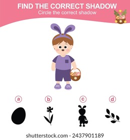 Find the correct shadow. Worksheet for kid. Matching shadow game for children. Circle the correct shadow. Printable activity page for kids. Learning Game. Vector file. 
