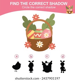 Find the correct shadow. Worksheet for kid. Matching shadow game for children. Circle the correct shadow. Printable activity page for kids. Learning Game. Vector file. 