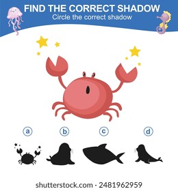 Find the correct shadow. Worksheet for kid. Matching shadow game for children. Circle the correct shadow. Find the correct shadow. Printable activity page for kids