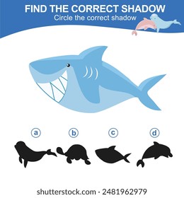 Find the correct shadow. Worksheet for kid. Matching shadow game for children. Circle the correct shadow. Find the correct shadow. Printable activity page for kids