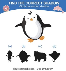 Find the correct shadow. Worksheet for kid. Matching shadow game for children. Circle the correct shadow. Find the correct shadow. Printable activity page for kids