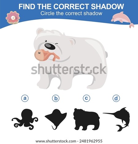 Find the correct shadow. Worksheet for kid. Matching shadow game for children. Circle the correct shadow. Find the correct shadow. Printable activity page for kids
