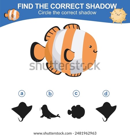 Find the correct shadow. Worksheet for kid. Matching shadow game for children. Circle the correct shadow. Find the correct shadow. Printable activity page for kids