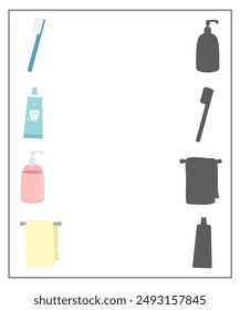 Find the correct shadow worksheet for kindergarten, bathroom accessories activity for kids, bathroom items printable  for kids