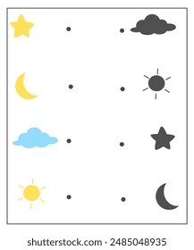 Encuentre la hoja de cálculo sombra correcta, actividad de sombra coincidente para los niños, cosas en el cielo imprimible 