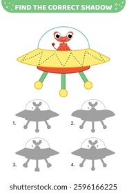 Find the correct shadow. Yellow flying saucer. Shadow game. Cartoon. Isolated vector illustration eps 10
