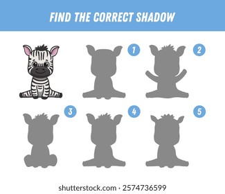 Find correct shadow of zebra. Educational logical game for children. Cute cartoon animal character. Vector