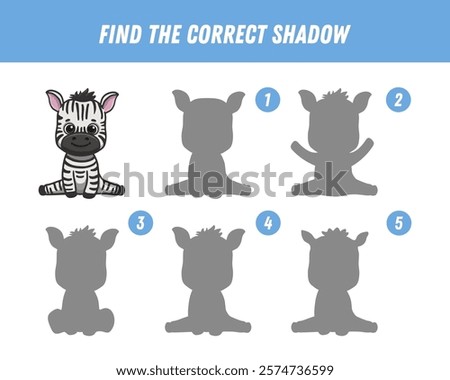 Find correct shadow of zebra. Educational logical game for children. Cute cartoon animal character. Vector