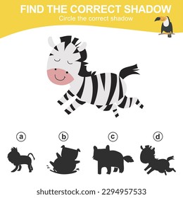 Find the correct shadow of the zebra. Matching animal shadow game for children. Worksheet for kid. Educational printable worksheet. Vector illustration file.