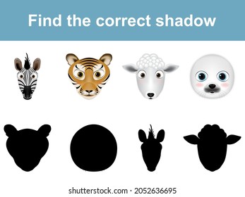 Find the correct shadow (zebra, Tiger, sheep, seal, animal set)