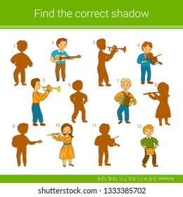 Find the correct shadow.Children educational game. Children playing musical instruments. 