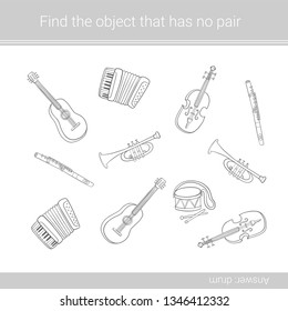 Find the correct shadow.Children educational game. Musical instruments. Coloring page.