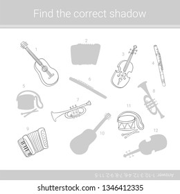 Find the correct shadow.Children educational game. Musical instruments. Coloring page.