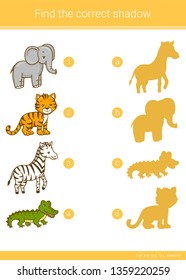 Find the correct shadow.Children educational game. Zebra, tiger, crocodile, elephant. Vector illustration.