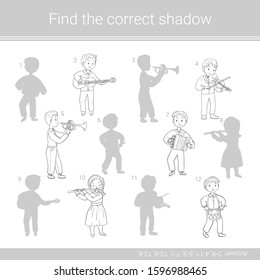 Find the correct shadow.Children educational game. Children playing musical instruments. Coloring page.