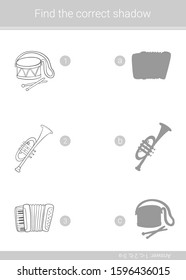 Find the correct shadow.Children educational game.Vector illustration. Coloring page.