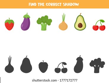 Find the correct shadows of all the fruits and vegetables. Educational logical game for kids. Printable worksheet for preschoolers.