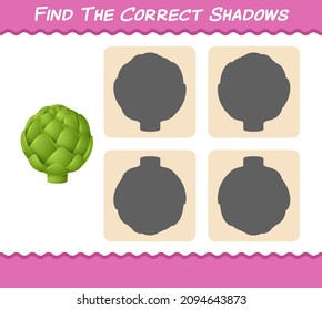 Find the correct shadows of cartoon artichoke. Searching and Matching game. Educational game for pre shool years kids and toddlers