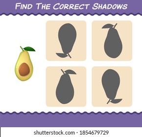 Find the correct shadows of cartoon avocado. Searching and Matching game. Educational game for pre shool years kids and toddlers