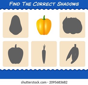 Encuentra las sombras correctas del pimiento de timbre de dibujos animados. Juego de búsqueda y coincidencia. Juego educativo para niños y niños en edad preescolar