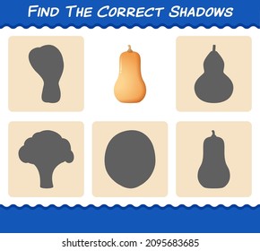 Find the correct shadows of cartoon butternut squash. Searching and Matching game. Educational game for pre shool years kids and toddlers