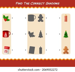 Find the correct shadows of cartoon christmas. Searching and Matching game. Educational game for pre shool years kids and toddlers