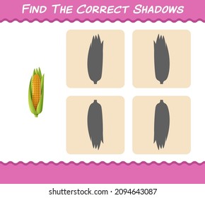 Find the correct shadows of cartoon corn. Searching and Matching game. Educational game for pre shool years kids and toddlers