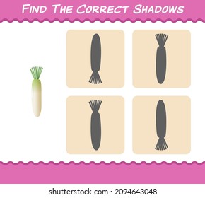 Find the correct shadows of cartoon daikon. Searching and Matching game. Educational game for pre shool years kids and toddlers