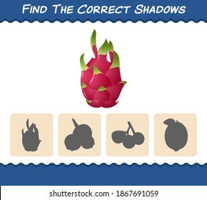 Find the correct shadows of cartoon dragon fruits. Searching and Matching game. Educational game for pre shool years kids and toddlers