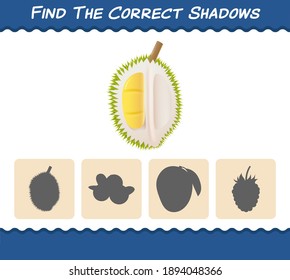 Find the correct shadows of cartoon durians. Searching and Matching game. Educational game for pre shool years kids and toddlers