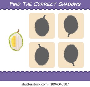 Find the correct shadows of cartoon durians. Searching and Matching game. Educational game for pre shool years kids and toddlers