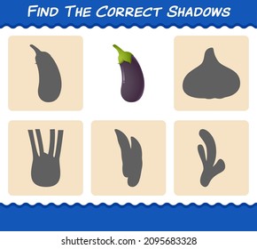 Find the correct shadows of cartoon eggplant. Searching and Matching game. Educational game for pre shool years kids and toddlers