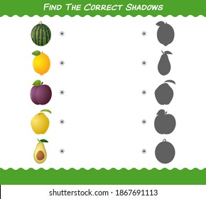 Find the correct shadows of cartoon fruits. Searching and Matching game. Educational game for pre shool years kids and toddlers