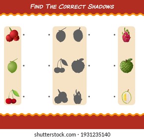 Find the correct shadows of cartoon fruits. Searching and Matching game. Educational game for pre shool years kids and toddlers