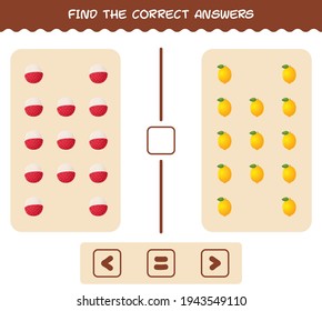 Find the correct shadows of cartoon fruits. Searching and Matching game. Educational game for pre shool years kids and toddlers
