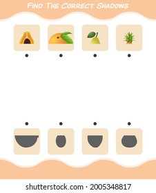 Find the correct shadows of cartoon fruits. Searching and Matching game. Educational game for pre shool years kids and toddlers