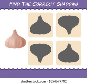 Finden Sie die richtigen Schatten von Cartoon Knoblauch. Suche und Matching-Spiel. Erziehungsspiel für Kinder und Kleinkinder im Vorschulalter