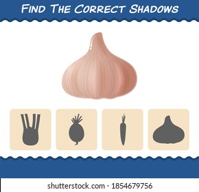 Encuentra las sombras correctas de ajo de dibujos animados. Juego de búsqueda y coincidencia. Juego educativo para niños y niños en edad preescolar