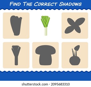 Find the correct shadows of cartoon leek. Searching and Matching game. Educational game for pre shool years kids and toddlers