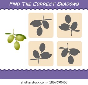 Find the correct shadows of cartoon olives. Searching and Matching game. Educational game for pre shool years kids and toddlers