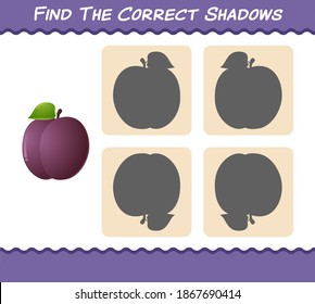 Find the correct shadows of cartoon plums. Searching and Matching game. Educational game for pre shool years kids and toddlers