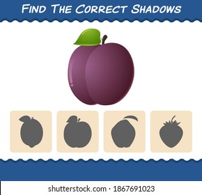 Encuentra las sombras correctas de ciruelas de dibujos animados. Juego de búsqueda y coincidencia. Juego educativo para niños y niños en edad preescolar