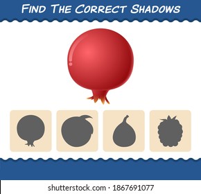 Find the correct shadows of cartoon pomegranates. Searching and Matching game. Educational game for pre shool years kids and toddlers