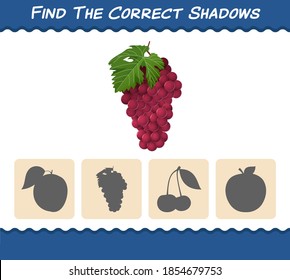 Find the correct shadows of cartoon red grape. Searching and Matching game. Educational game for pre shool years kids and toddlers