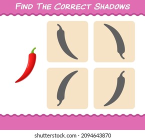 Find the correct shadows of cartoon red chilli. Searching and Matching game. Educational game for pre shool years kids and toddlers
