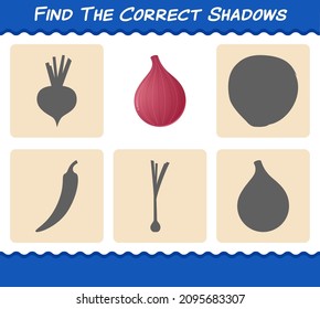 Encuentra las sombras correctas de la caricatura de cebolla roja. Juego de búsqueda y coincidencia. Juego educativo para niños y niños en edad preescolar