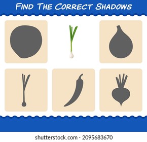 Find the correct shadows of cartoon spring onion. Searching and Matching game. Educational game for pre shool years kids and toddlers