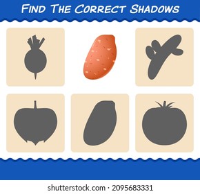 Find the correct shadows of cartoon sweet potato. Searching and Matching game. Educational game for pre shool years kids and toddlers